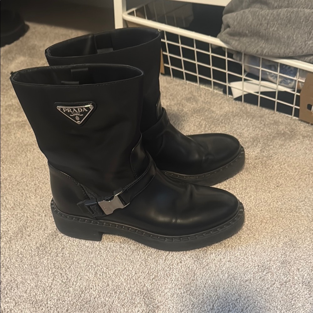 Prada Black Leather Boots / PRADA Nylon logo Biker Moto Booties